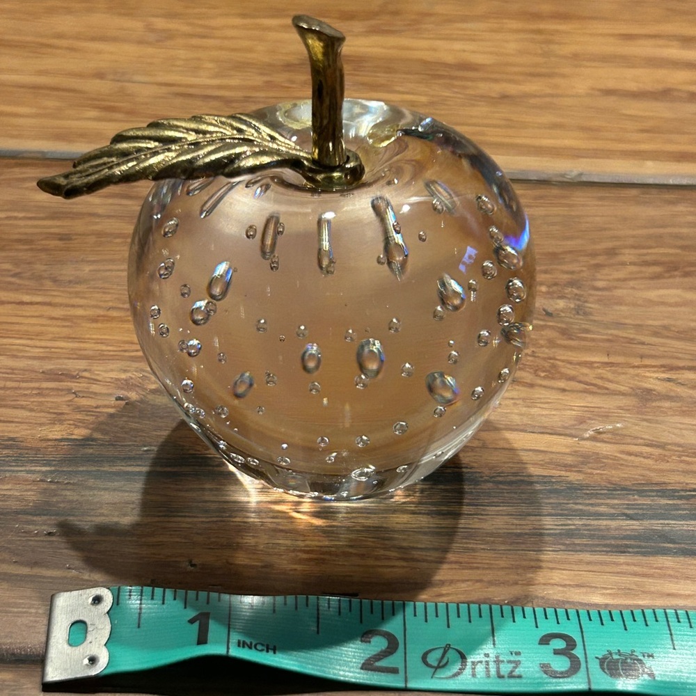 Glass Paperweight. Apple with metal stem & leaf.